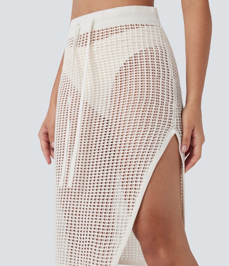 Midi-Resort-Rock mit hoher Taille, Kordelzug, Schlitz und Cut-Out