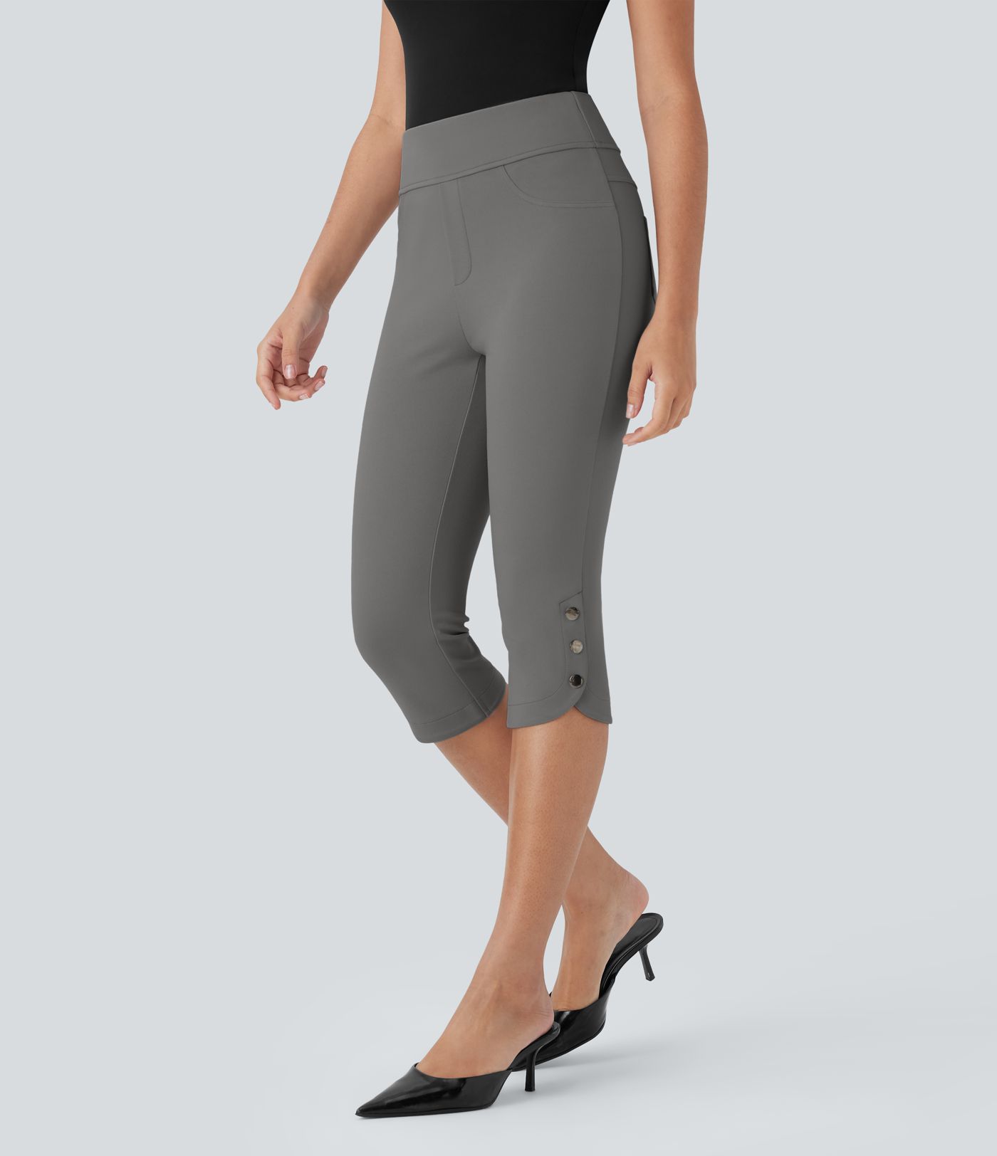 High Waisted Back Pocket Snap Button Work Cropped Capri Trousers