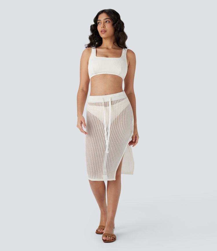 Midi-Resort-Rock mit hoher Taille, Kordelzug, Schlitz und Cut-Out