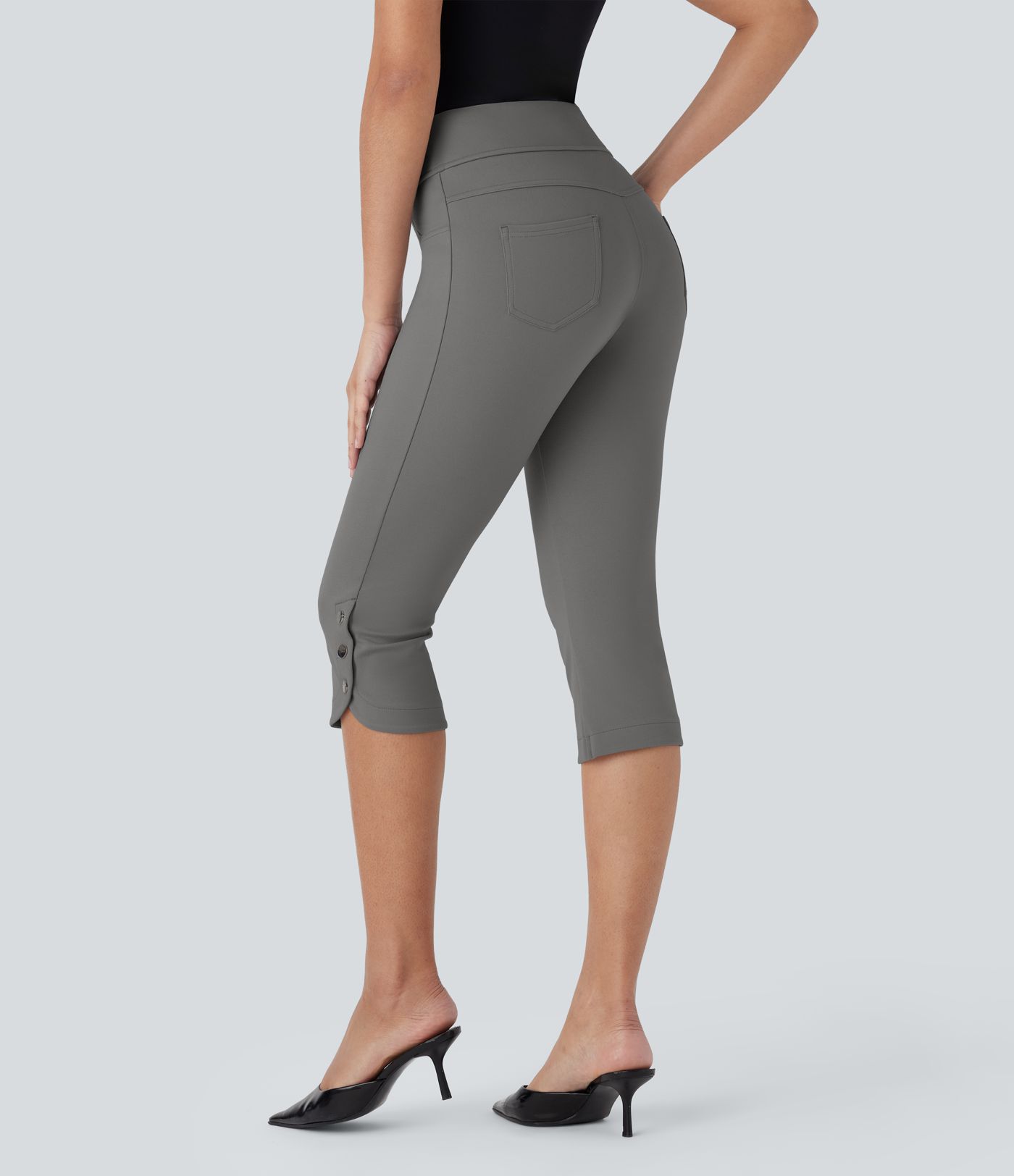 High Waisted Back Pocket Snap Button Work Cropped Capri Trousers