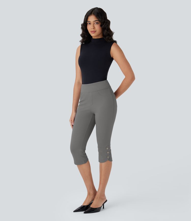 High Waisted Back Pocket Snap Button Work Cropped Capri Trousers