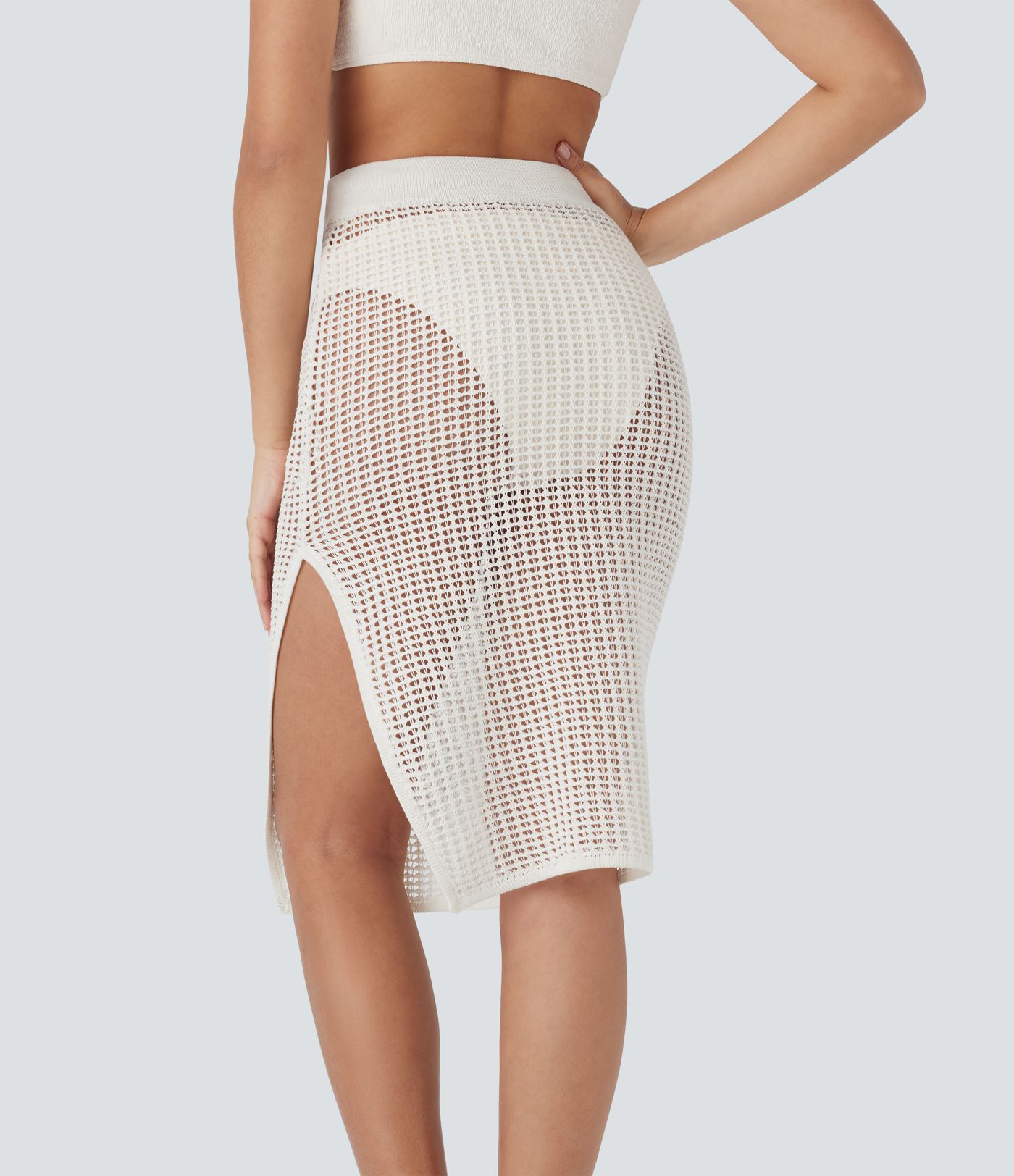 Midi-Resort-Rock mit hoher Taille, Kordelzug, Schlitz und Cut-Out