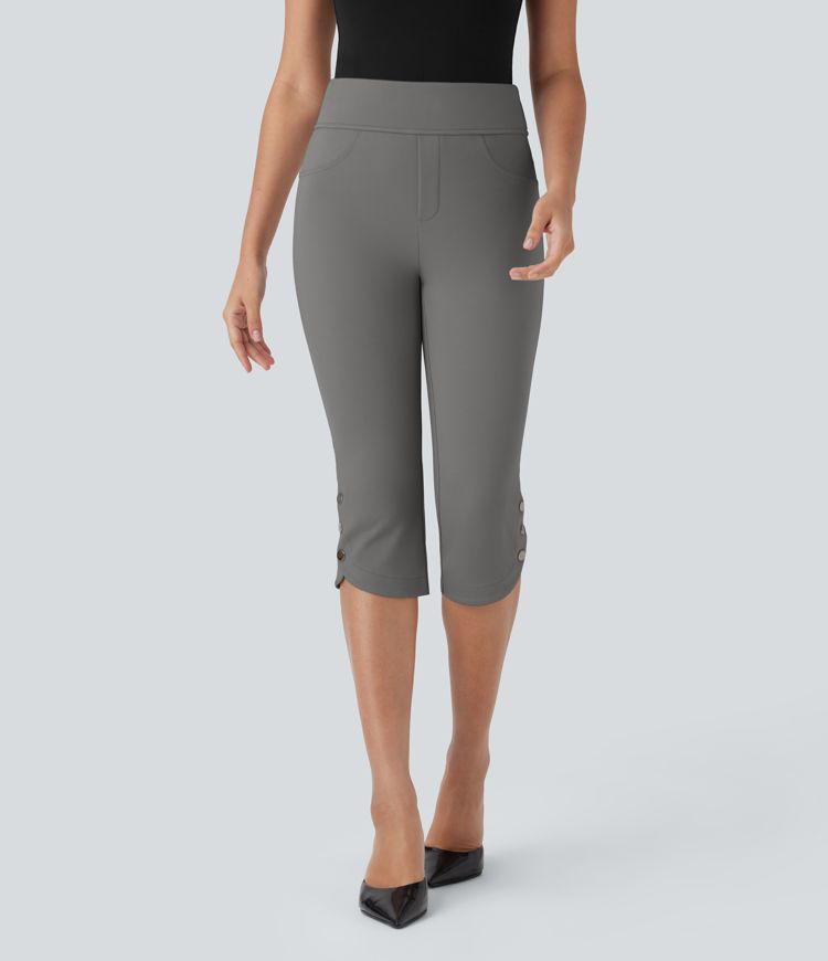 High Waisted Back Pocket Snap Button Work Cropped Capri Trousers