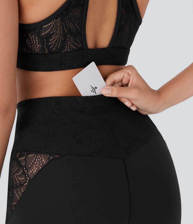 Short de Yoga Cycliste Taille Haute Croisée avec Poche Arrière en Dentelle Contrastée Softlyzero™ 12,5 cm - UPF50+