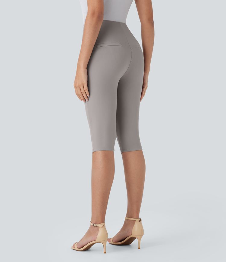 SoCinched High Waisted Tummy Control Decorative Button Back Zipper Pockets Herringbone Work Pedal Pusher Leggings