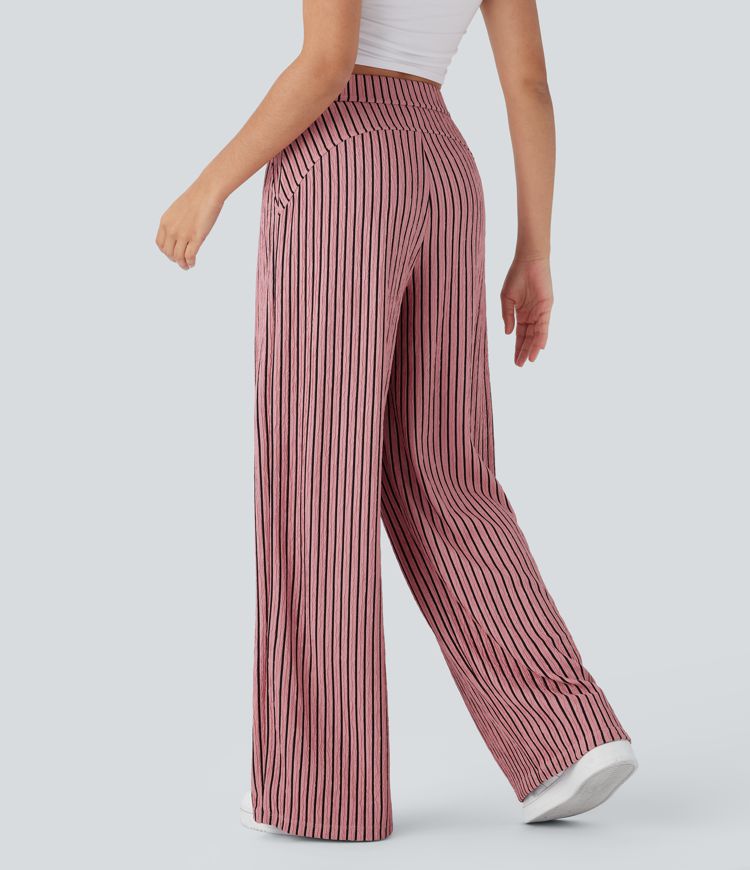 High Waisted Pocket Stripe Casual Wide Leg Pants