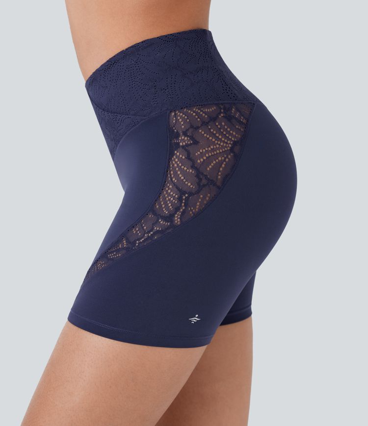 SoftlyZero™ Crossover High Waisted Contrast Lace Pocket Yoga Biker Shorts 5''-UPF50+