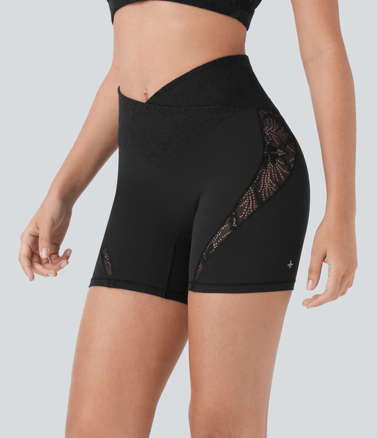 Short de Yoga Cycliste Taille Haute Croisée avec Poche Arrière en Dentelle Contrastée Softlyzero™ 12,5 cm - UPF50+