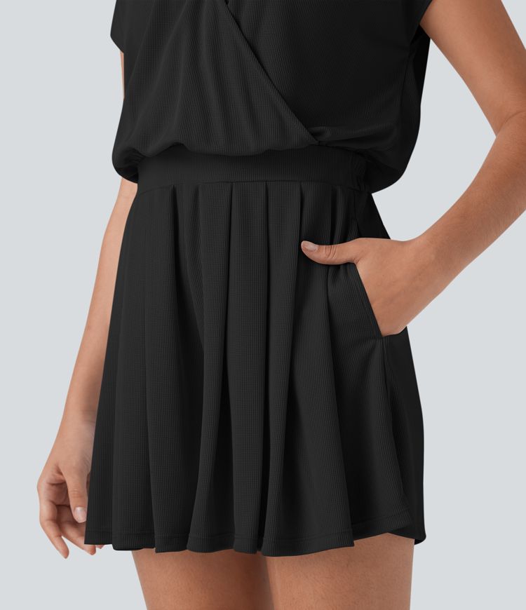 V Neck Short Sleeve Pocket Waffle Casual Romper-Easy Peezy Edition