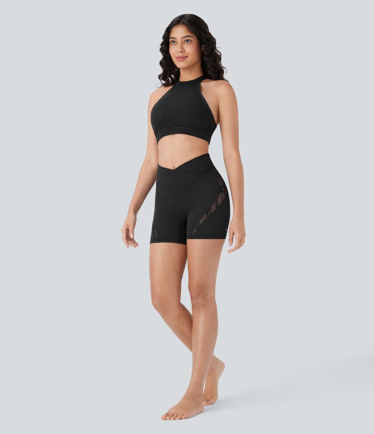 Short de Yoga Cycliste Taille Haute Croisée avec Poche Arrière en Dentelle Contrastée Softlyzero™ 12,5 cm - UPF50+