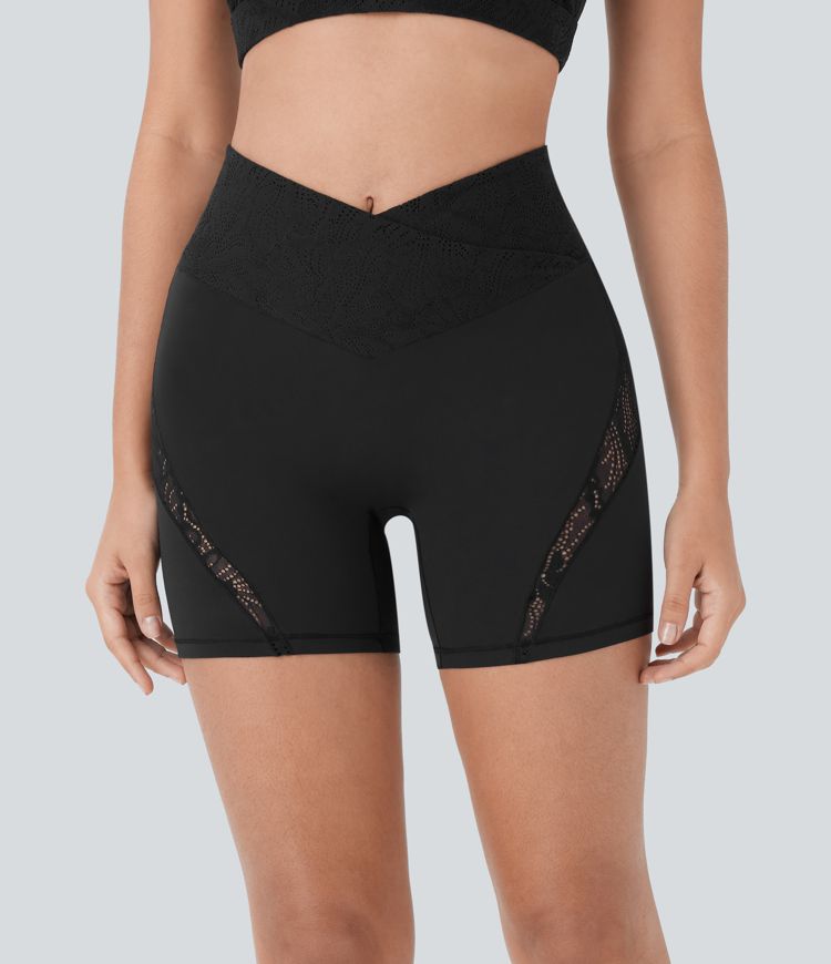 Short de Yoga Cycliste Taille Haute Croisée avec Poche Arrière en Dentelle Contrastée Softlyzero™ 12,5 cm - UPF50+