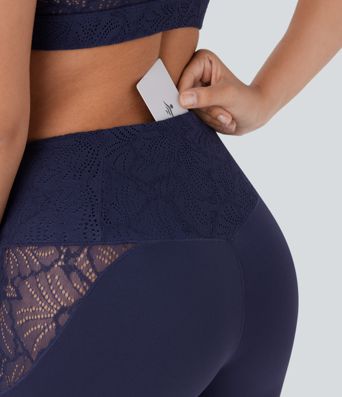 SoftlyZero™ Crossover High Waisted Contrast Lace Pocket Yoga Biker Shorts 5''-UPF50+