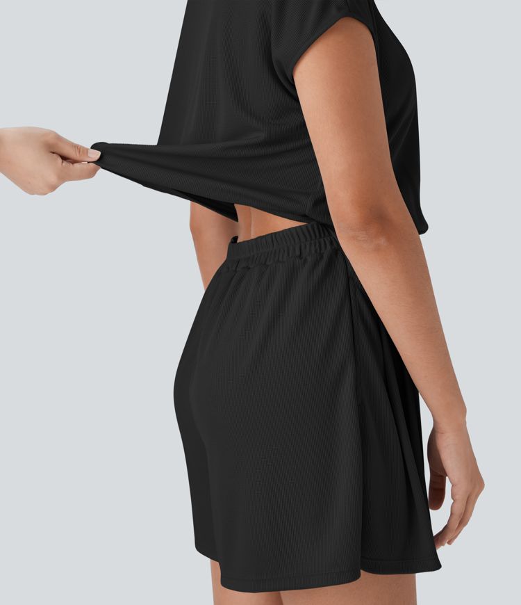 V Neck Short Sleeve Pocket Waffle Casual Romper-Easy Peezy Edition