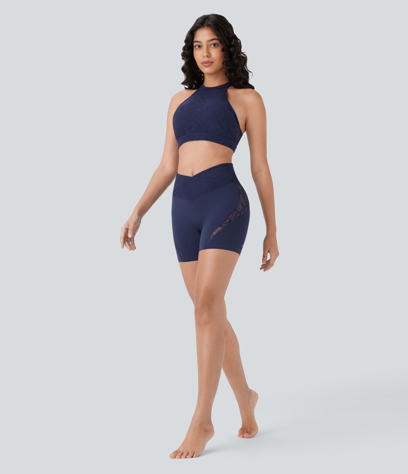 SoftlyZero™ Crossover High Waisted Contrast Lace Pocket Yoga Biker Shorts 5''-UPF50+