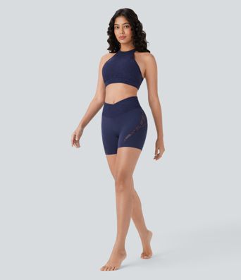 SoftlyZero™ Crossover High Waisted Contrast Lace Pocket Yoga Biker Shorts 5''-UPF50+