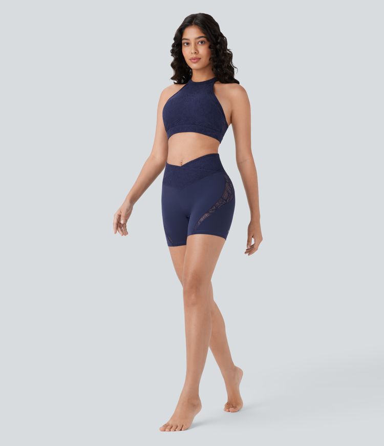 SoftlyZero™ Crossover High Waisted Contrast Lace Pocket Yoga Biker Shorts 5''-UPF50+