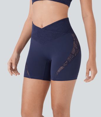 SoftlyZero™ Crossover High Waisted Contrast Lace Pocket Yoga Biker Shorts 5''-UPF50+