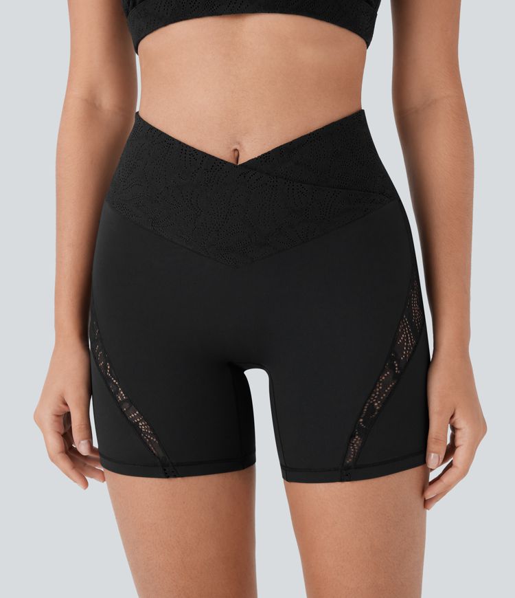 Short de Yoga Cycliste Taille Haute Croisée avec Poche Arrière en Dentelle Contrastée Softlyzero™ 12,5 cm - UPF50+