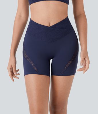 SoftlyZero™ Crossover High Waisted Contrast Lace Pocket Yoga Biker Shorts 5''-UPF50+
