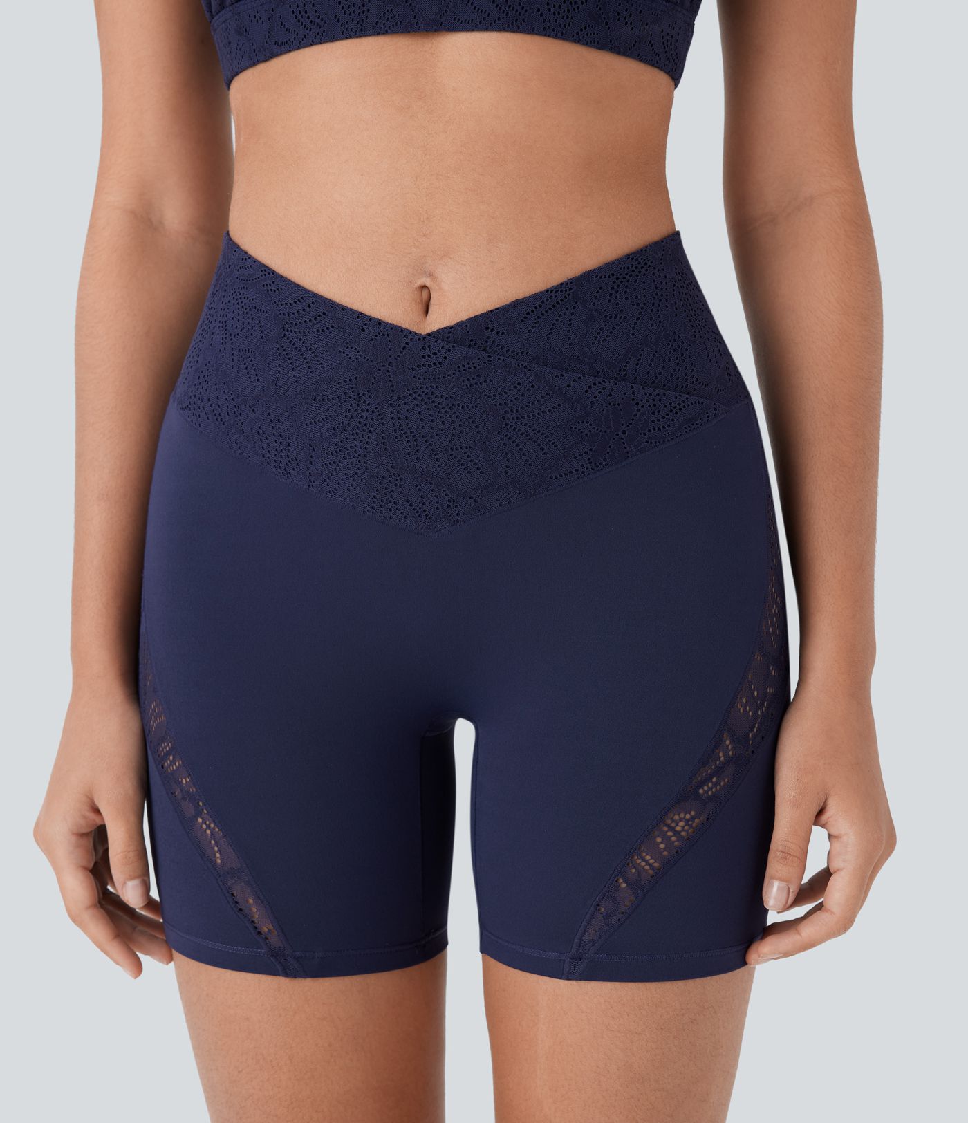 SoftlyZero™ Crossover High Waisted Contrast Lace Pocket Yoga Biker Shorts 5''-UPF50+