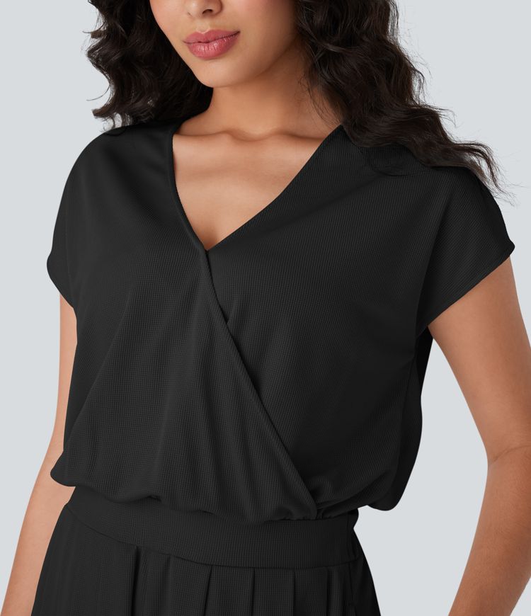 V Neck Short Sleeve Pocket Waffle Casual Romper-Easy Peezy Edition