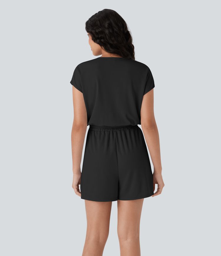 V Neck Short Sleeve Side Pocket Waffle Casual Romper-Easy Peezy Edition