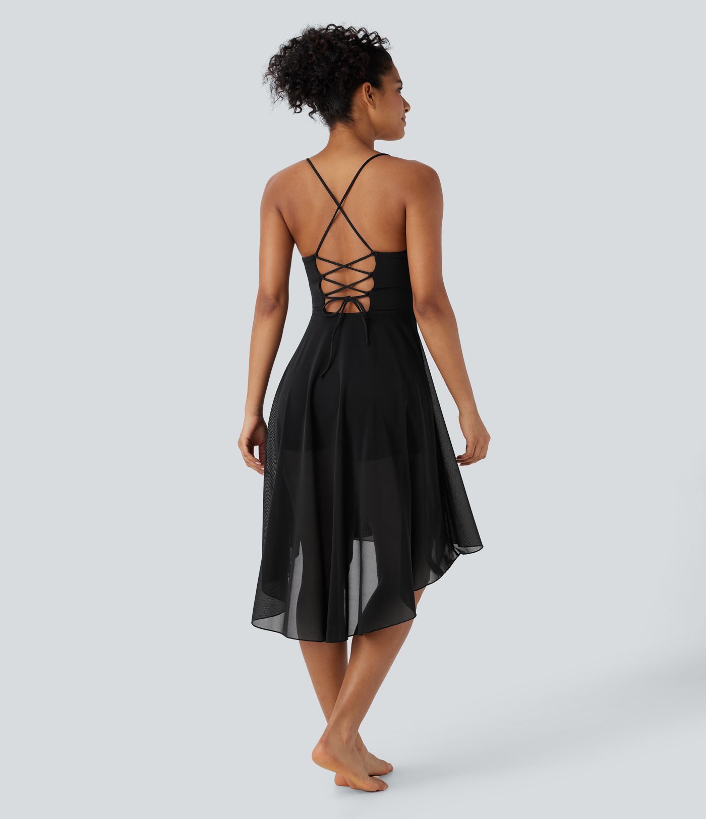 Lace Up 2-in-1 Pocket High Low Contrast Mesh Flowy Midi Dance Active Dress