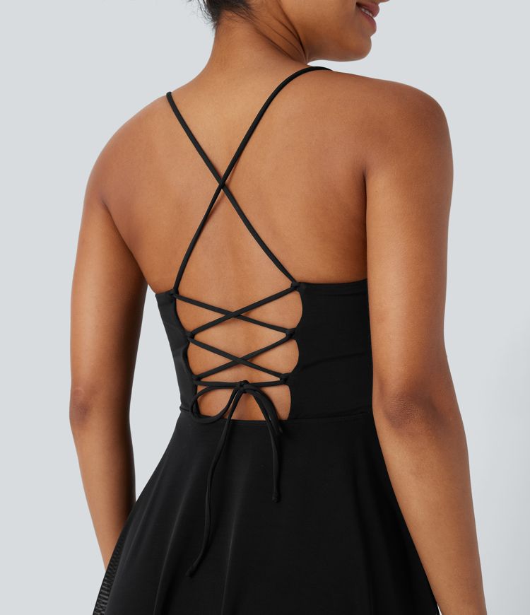 Lace Up 2-in-1 Pocket High Low Contrast Mesh Flowy Midi Dance Active Dress