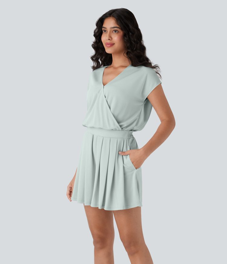 Combishort Décontracté en Tissu Gaufré avec Col V, Manches Courtes et Poches Latérales - Édition Easy Peasy