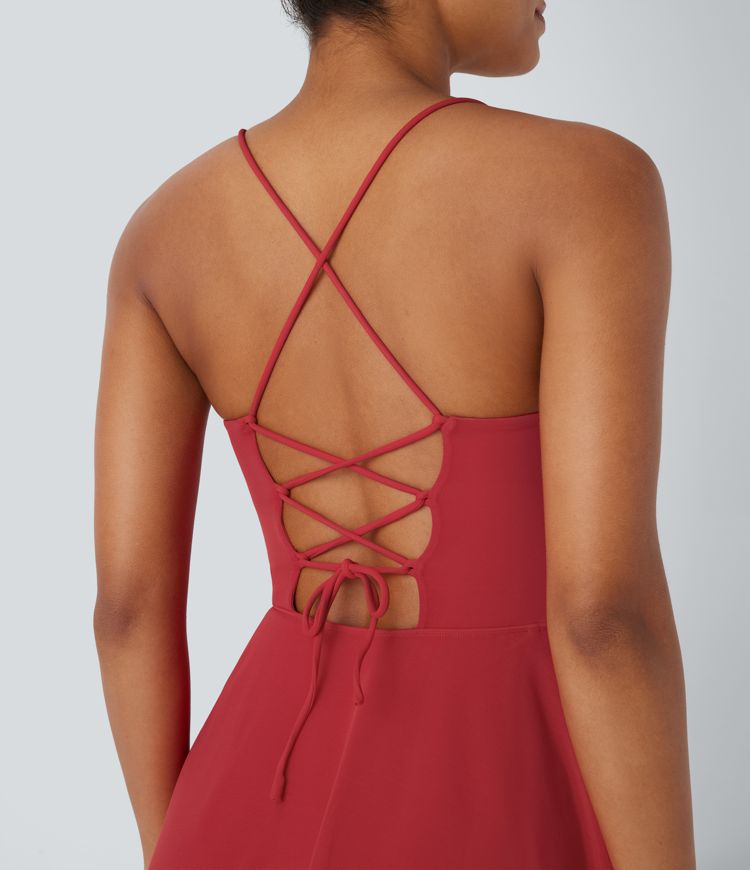 Rückenfreies, fließendes 2-in-1 Midikleid mit Seitentasche, überkreuzten Trägern, Schnürung, kontrastierendem Mesh und High-Low-Design