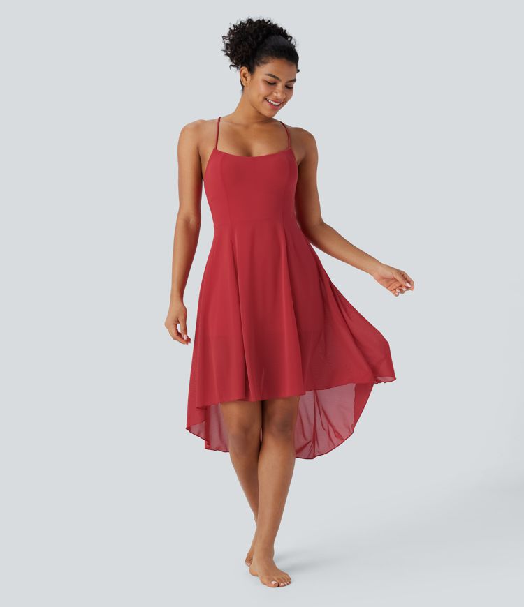 Backless Lace Up 2-in-1 Pocket High Low Contrast Mesh Flowy Midi Dance Active Dress