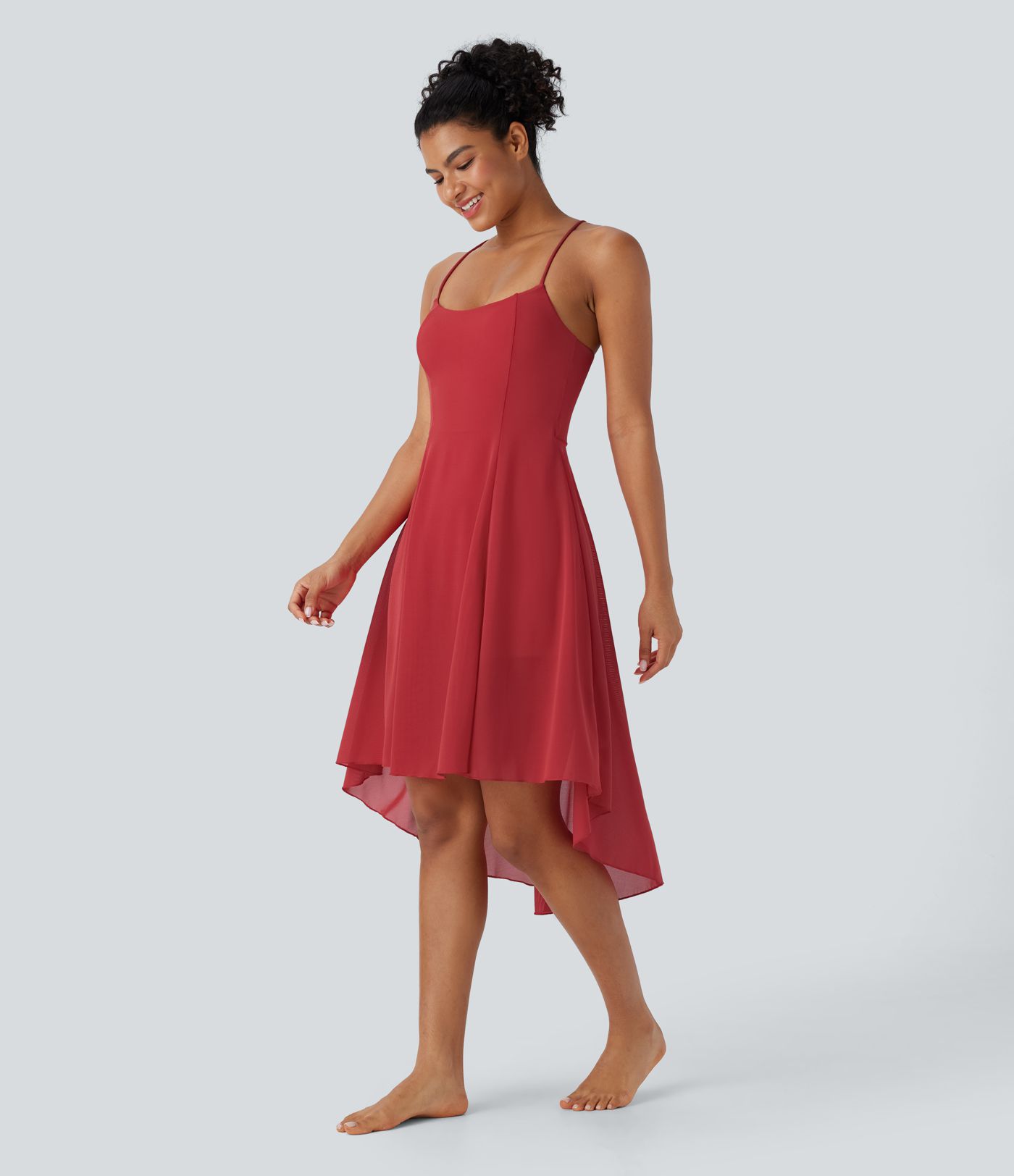 Rückenfreies, fließendes 2-in-1 Midikleid mit Seitentasche, überkreuzten Trägern, Schnürung, kontrastierendem Mesh und High-Low-Design