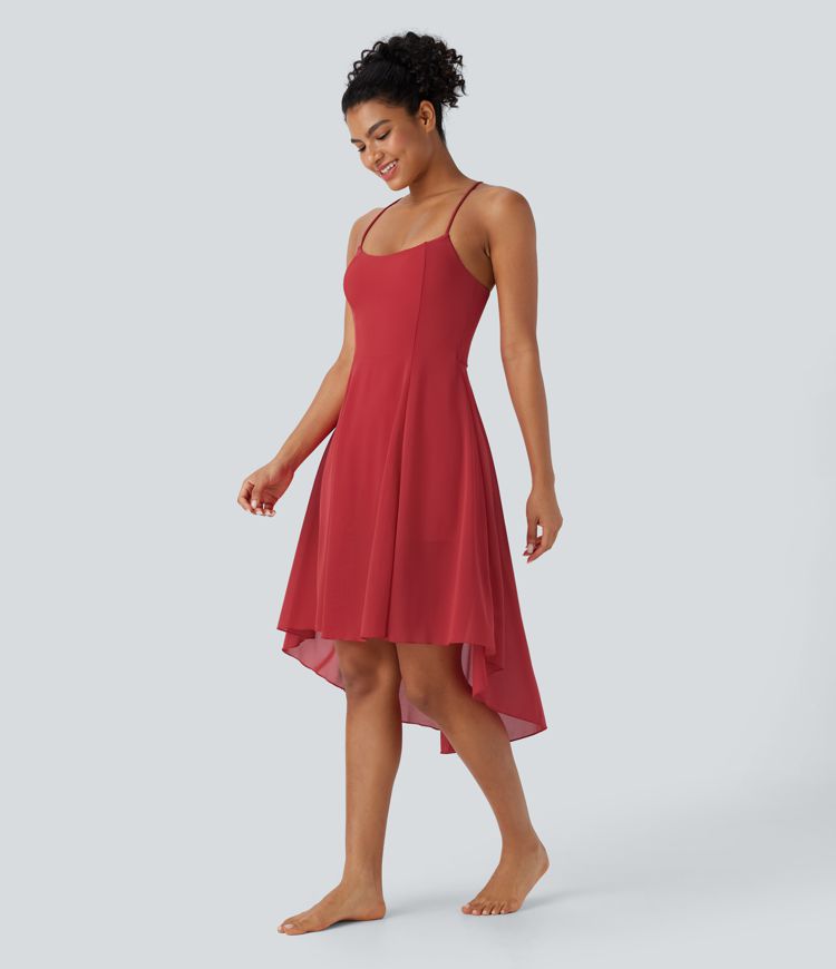 Backless Lace Up 2-in-1 Pocket High Low Contrast Mesh Flowy Midi Dance Active Dress