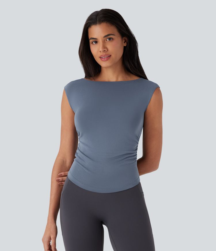 Boat Neck Cap Sleeve Cut Out Ruched Curved Hem Skinny Yoga Sports Top