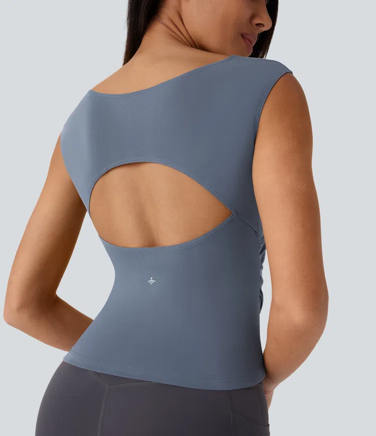 Boat Neck Cap Sleeve Cut Out Ruched Curved Hem Skinny Yoga Sports Top