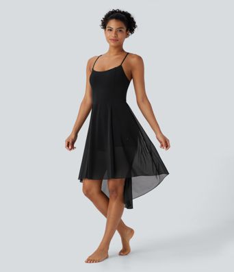 Lace Up 2-in-1 Pocket High Low Contrast Mesh Flowy Midi Dance Active Dress