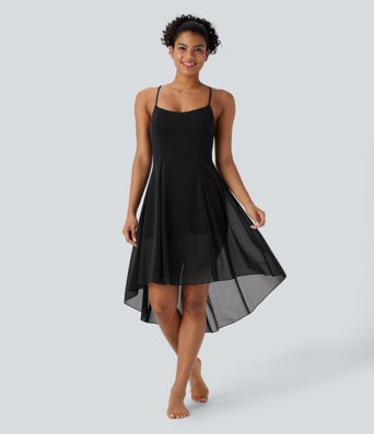 Lace Up 2-in-1 Pocket High Low Contrast Mesh Flowy Midi Dance Active Dress