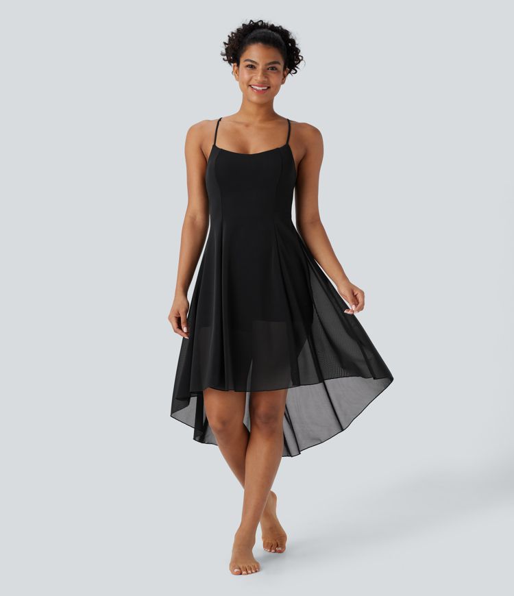 Backless Lace Up 2-in-1 Pocket High Low Contrast Mesh Flowy Midi Dance Active Dress