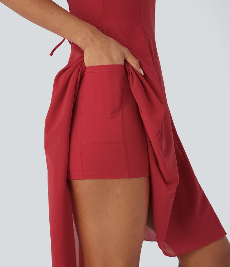 Rückenfreies, fließendes 2-in-1 Midikleid mit Seitentasche, überkreuzten Trägern, Schnürung, kontrastierendem Mesh und High-Low-Design