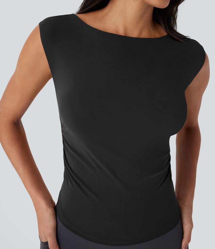 Boat Neck Cap Sleeve Cut Out Ruched Curved Hem Skinny Yoga Sports Top