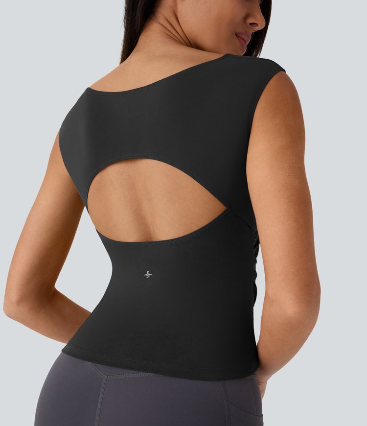 Boat Neck Cap Sleeve Cut Out Ruched Curved Hem Skinny Yoga Sports Top