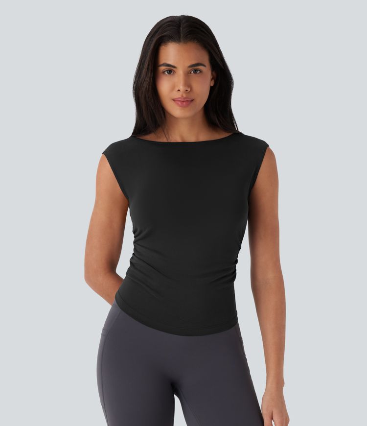 Boat Neck Cap Sleeve Cut Out Ruched Curved Hem Skinny Yoga Sports Top