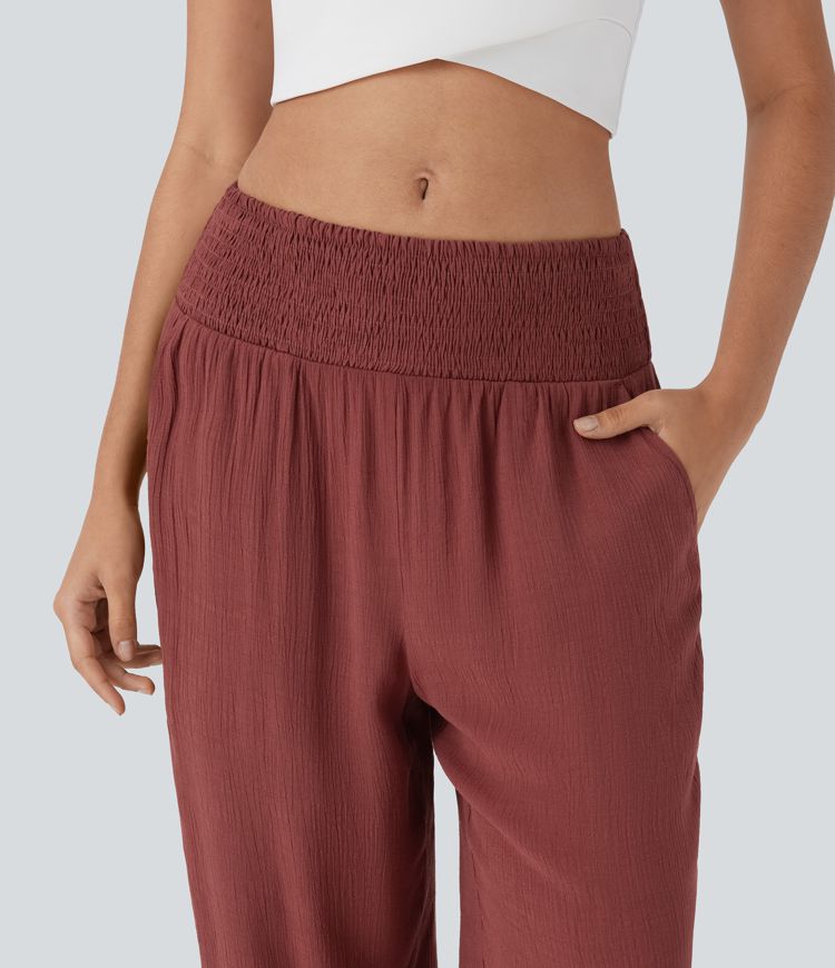 Pantalon de Vacances Taille Moyenne avec Fronces et Poches Latérales  et Aspect Lin
