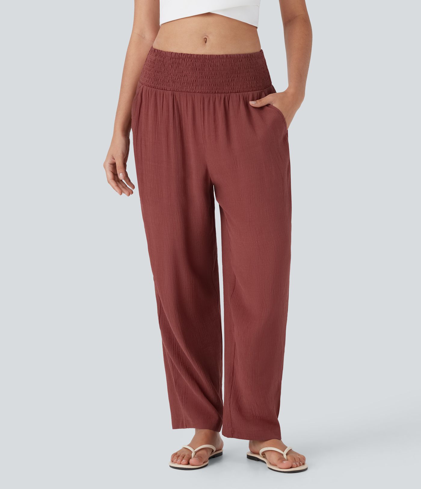 Mid Rise Shirred Side Pocket Resort Trousers