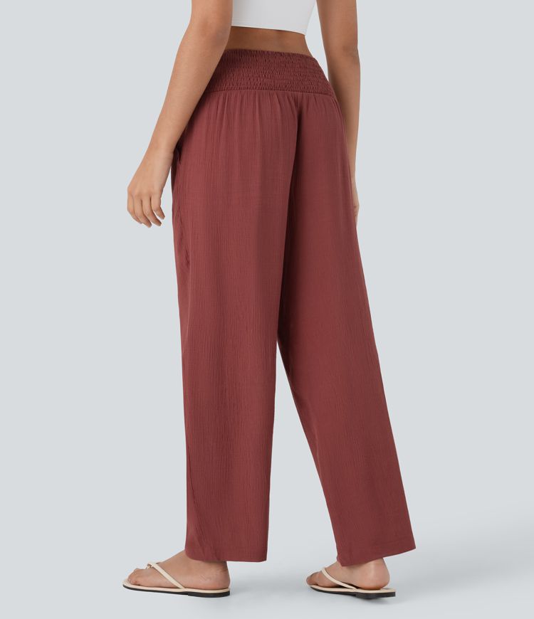 Pantalon de Vacances Taille Moyenne avec Fronces et Poches Latérales  et Aspect Lin
