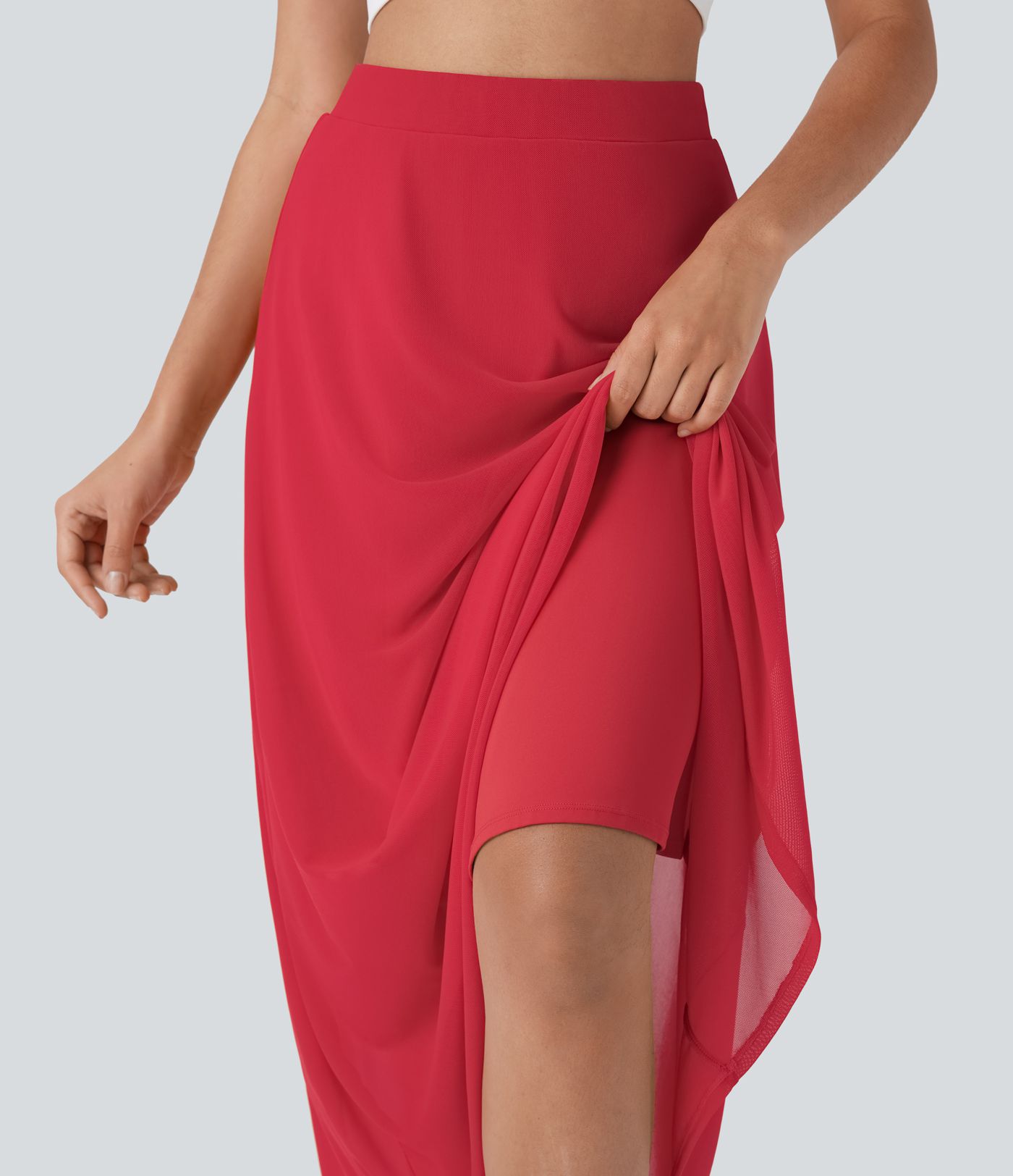 Fließender, ausgestellter Freizeit-Midirock mit hohem Bund und Netzstoff-Overlay