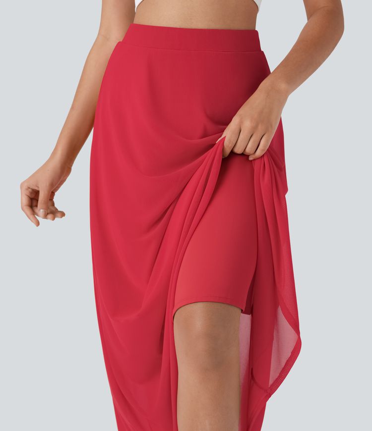 Fließender, ausgestellter Freizeit-Midirock mit hohem Bund und Netzstoff-Overlay