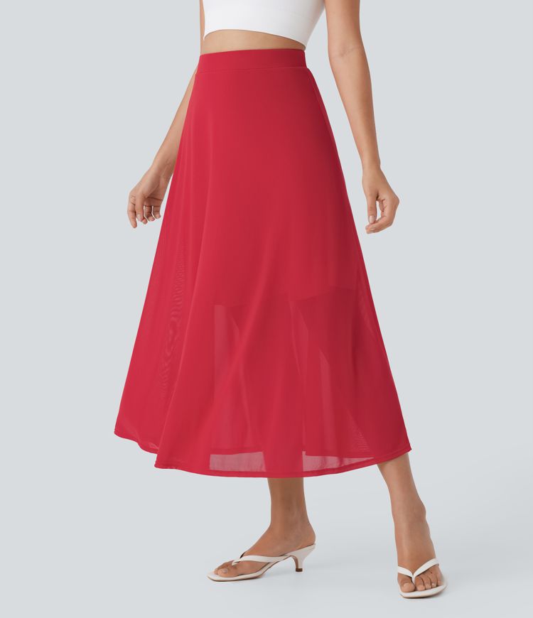 High Waisted Mesh Overlay 2-in-1 Flowy Midi Flare Casual Skirt
