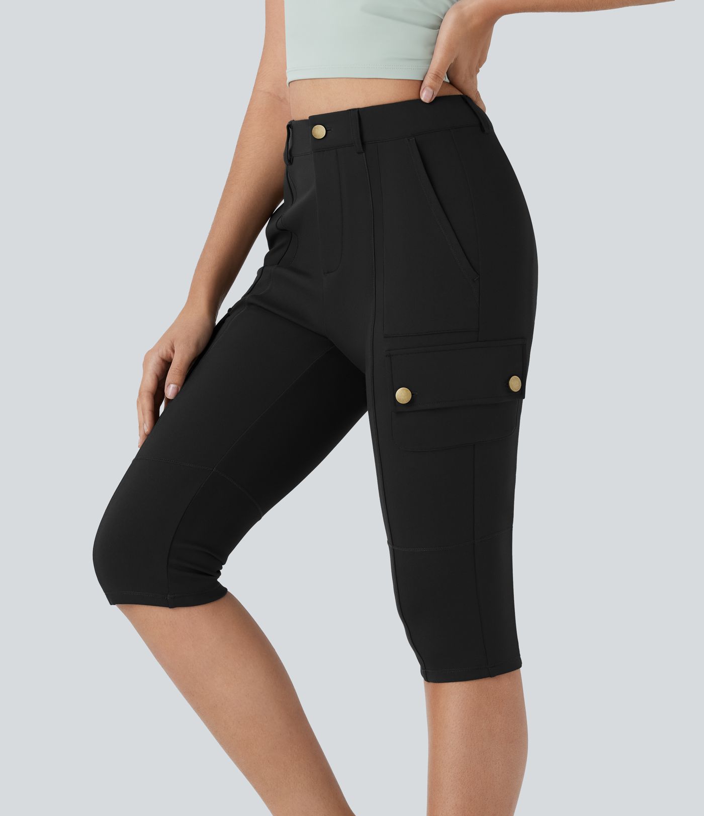 High Waisted Pockets Solid Skinny Pedal Pusher Women Casual Cargo Pants