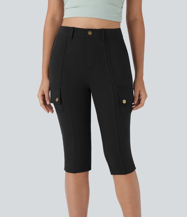 High Waisted Button Zipper Multiple Pockets Solid Skinny Pedal Pusher Casual Cargo Pants